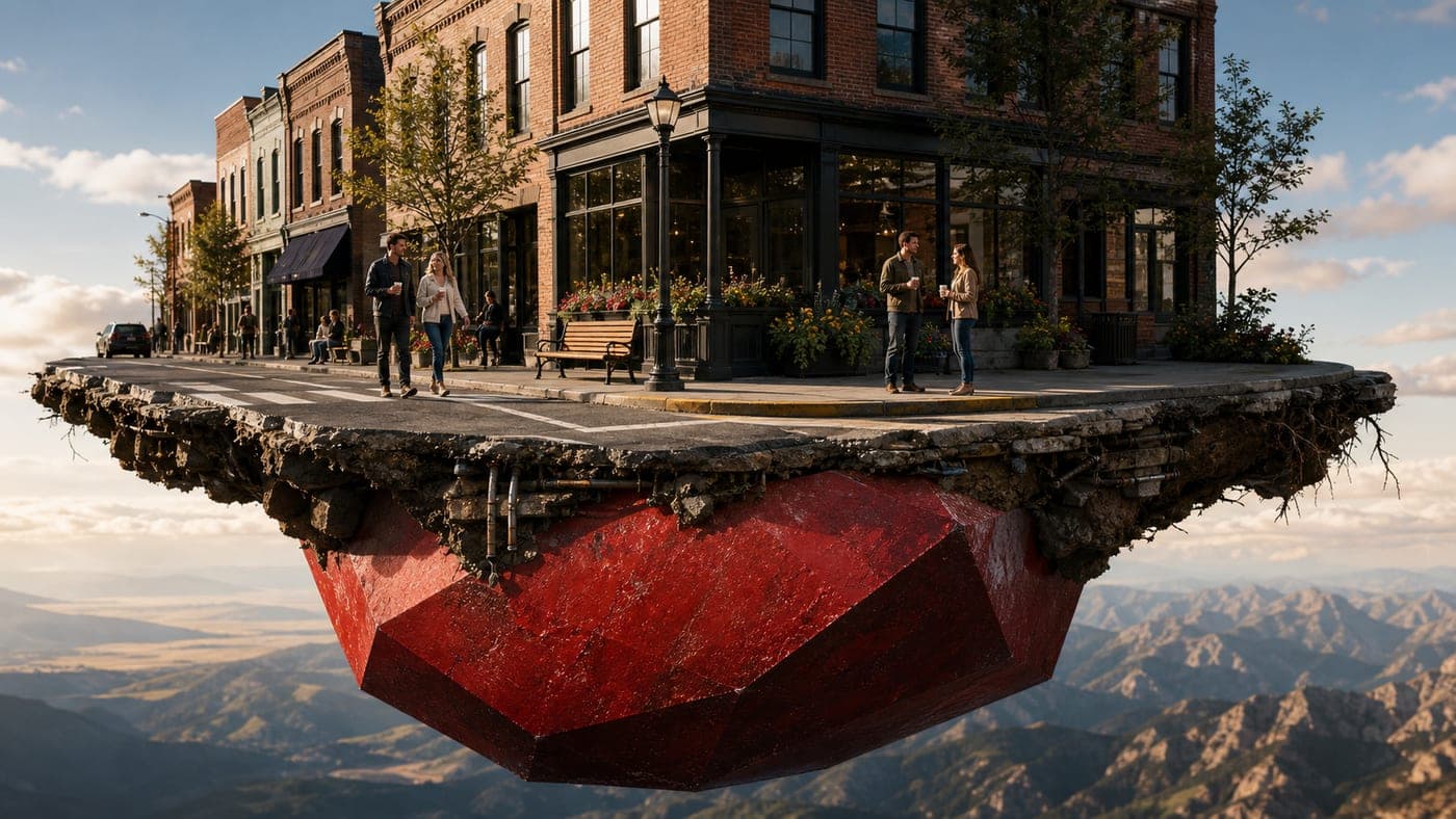 Conceptual main-street shops on a floating redstone foundation above the Colorado mountains