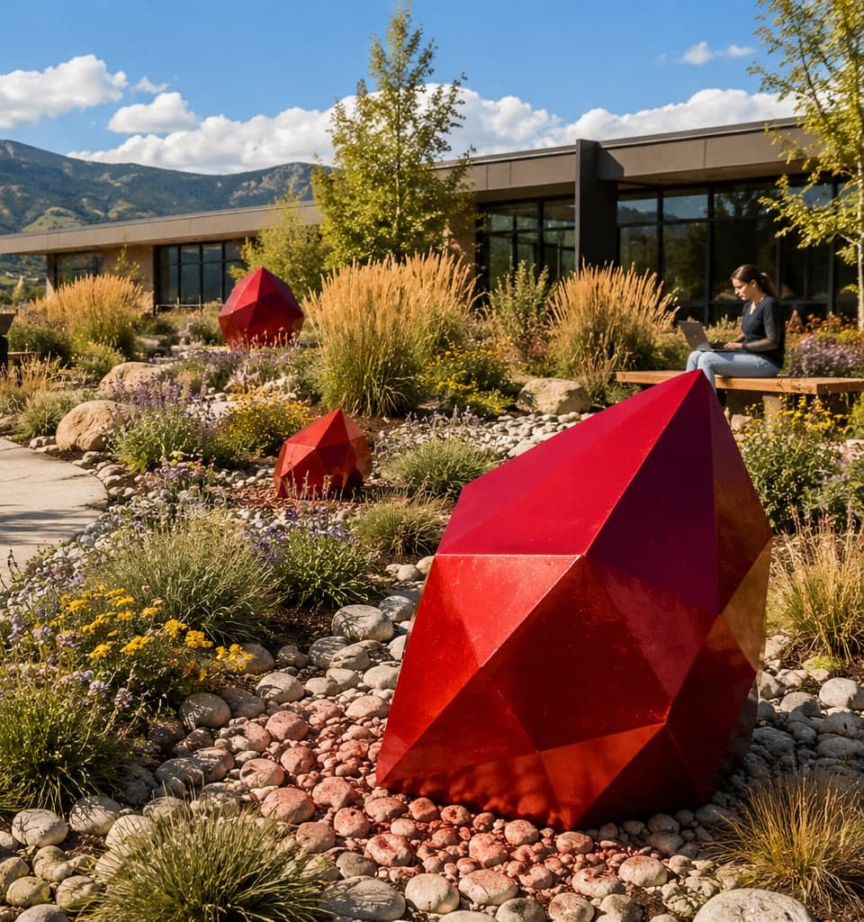 Conceptual redstone sculptures along a garden path in the Colorado foothills