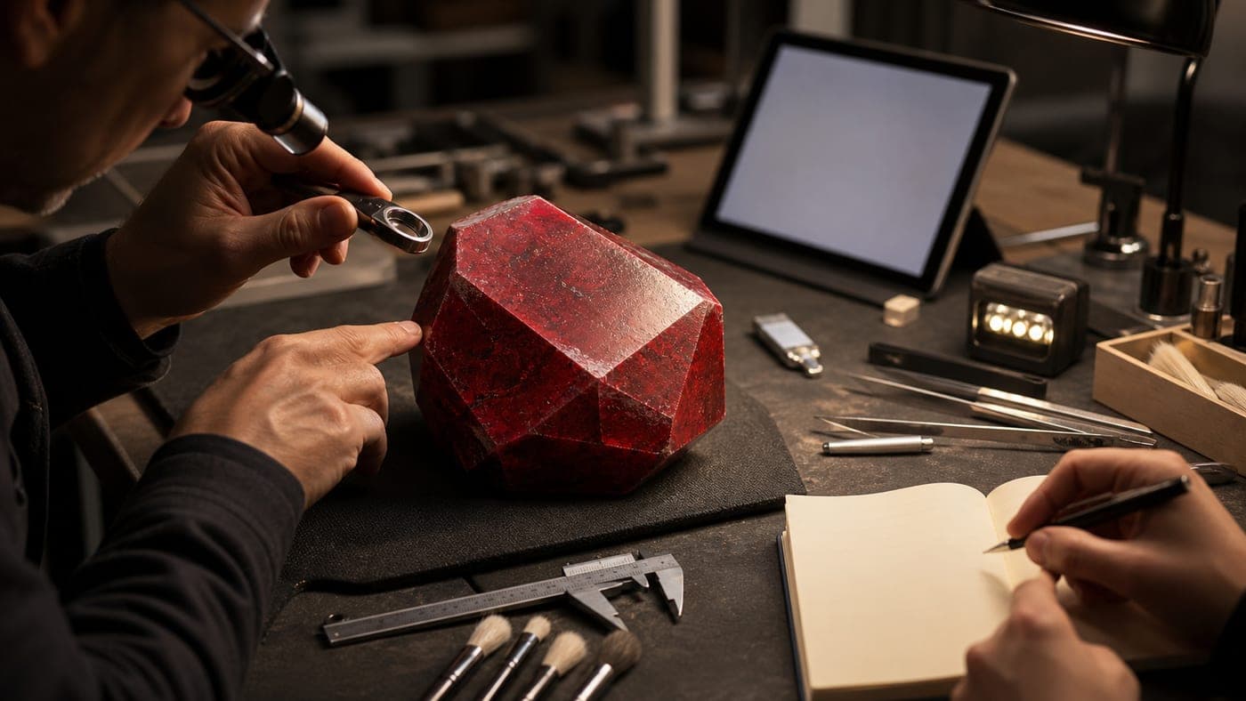 A conceptual redstone inspection at a workbench, representing careful review and craftsmanship
